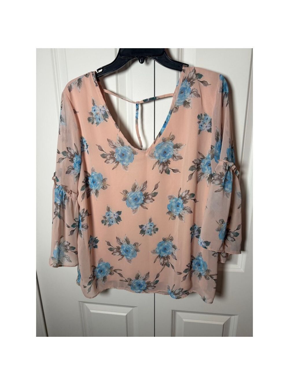 Pink Floral Blouse with Blue Flowers, Size L